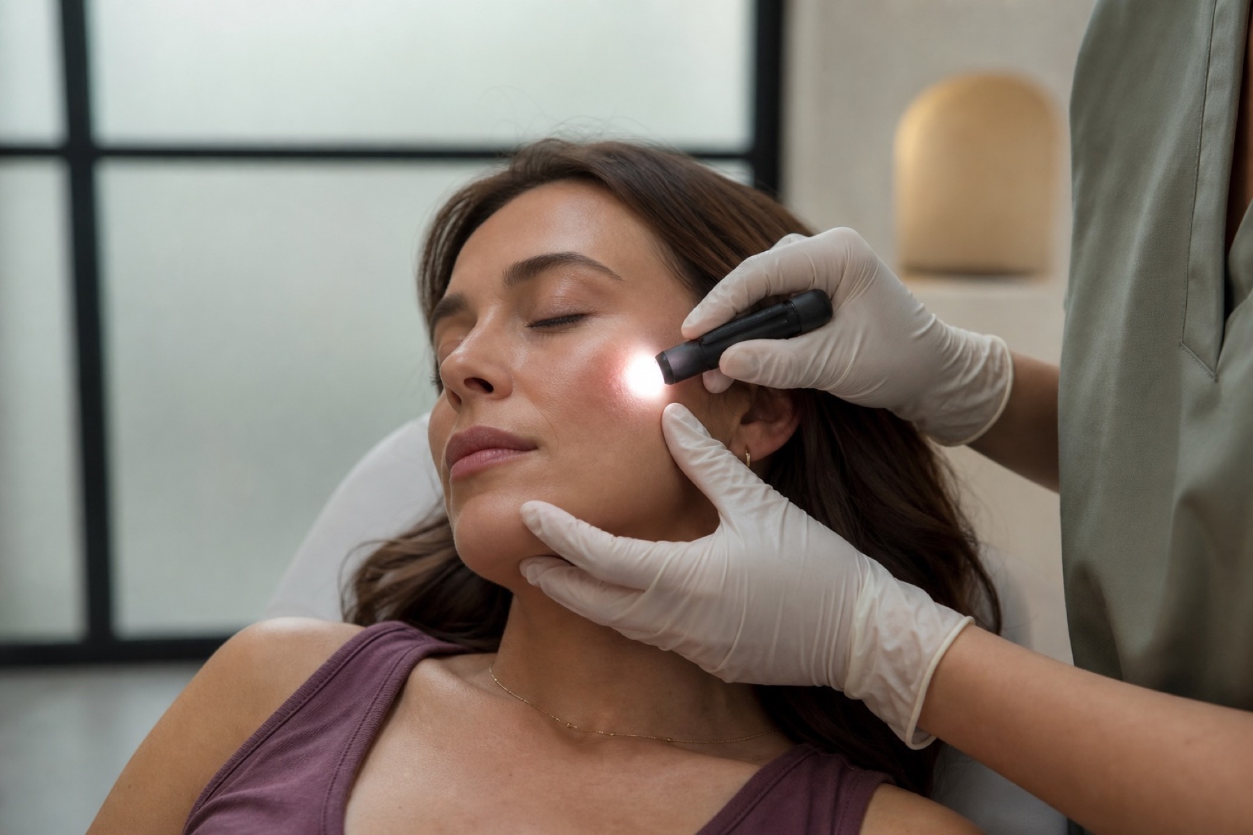 Provider conducting a gentle, non-invasive skin assessment